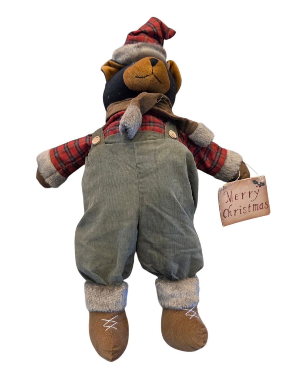 Vtg primitive-style plush Christmas bear shelf sitter green overalls Woodland